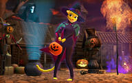 3D Cloak_of_Gray_Tomorrow Khajiit Tales_and_Tallows artist:PIRAMATRONIC_GAMING character:Katia_Managan fire ghost happy magic pumpkin wizard_hat