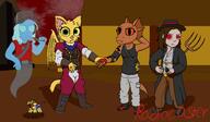 Batia Tales_and_Tallows artist:Radiocaster character:Aggy character:Atrantu_la character:Katia_Managan character:Nah character:Quill-Weave crossover dwemer_technology fire_safety ghost modern_clothing vampirism yellow_eyes