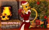 3D Khajiit Saturalia artist:PIRAMATRONIC_GAMING character:Katia_Managan christmas fire happy pineapple presents smiling