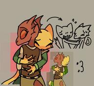 Katia's_wizard_robe Khajiit adorable argonian artist:xatishXD blushing character:Katia_Managan character:Quill-Weave friendship hugs redraw sketch