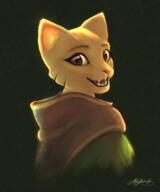 Katia's_wizard_robe Khajiit adorable artist:Alytarch beautiful black_eyes character:Katia_Managan happy portrait teeth text